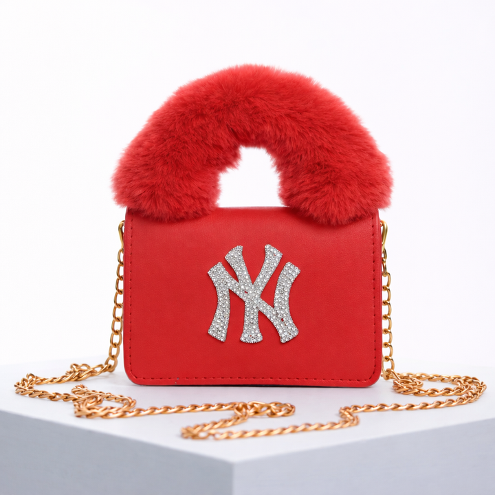 Furry Bag and Hat Set with Rhinestones