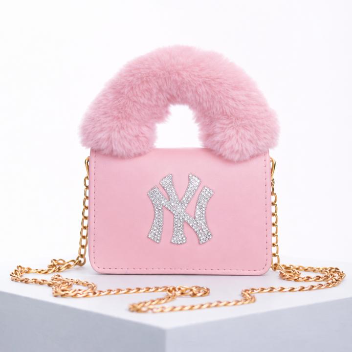 Furry Bag and Hat Set with Rhinestones