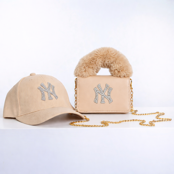 Furry Bag and Hat Set with Rhinestones