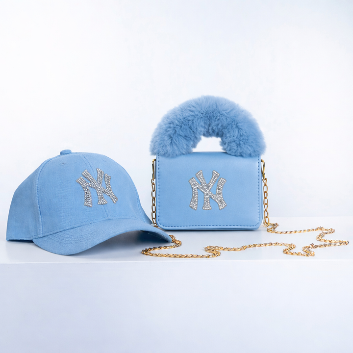 Furry Bag and Hat Set with Rhinestones