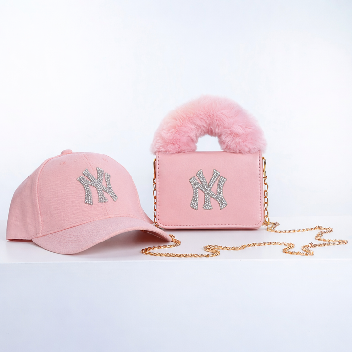 Furry Bag and Hat Set with Rhinestones