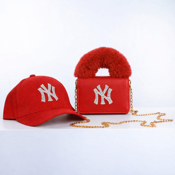 Furry Bag and Hat Set with Rhinestones